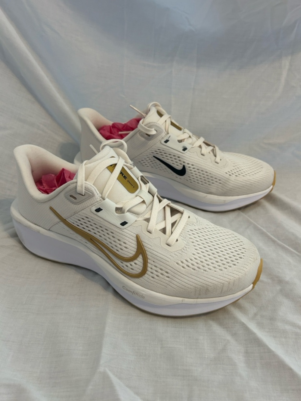Nike Women's Cream Running Shoes with Gold Swoosh and Black Accent